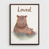 Loved Hippo Family Watercolour Nursery Children's Room Wall Decor Print