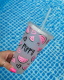 Watermelon Summer Personalised Name Tumbler Venti Cold Cup 24oz - With Straw