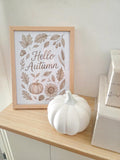 Hello Autumn Neutral Wall Art – Pumpkin, Sunflower & Fall Leaves Print in Minimalist Farmhouse Style