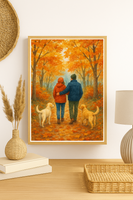 Autumn Couple Walking with Dogs Wall Art – Cozy Fall Forest Path Print
