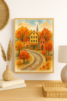 Autumn Village Street Wall Art – Cozy Fall Bookshop Print with Colorful Leaves