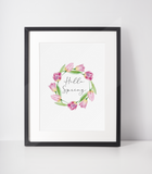 Hello Spring Tulip Wreath Spring Easter Seasonal Wall Home Decor Print