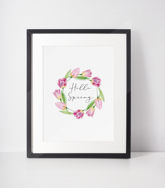 Hello Spring Tulip Wreath Spring Easter Seasonal Wall Home Decor Print